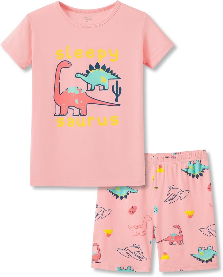 Tebbis Snug-Fitting Unisex Pajamas for Boys & Girls – Pink Dino PJs Soft Modal Fiber Toddler/ Little Jammies, Size 7
