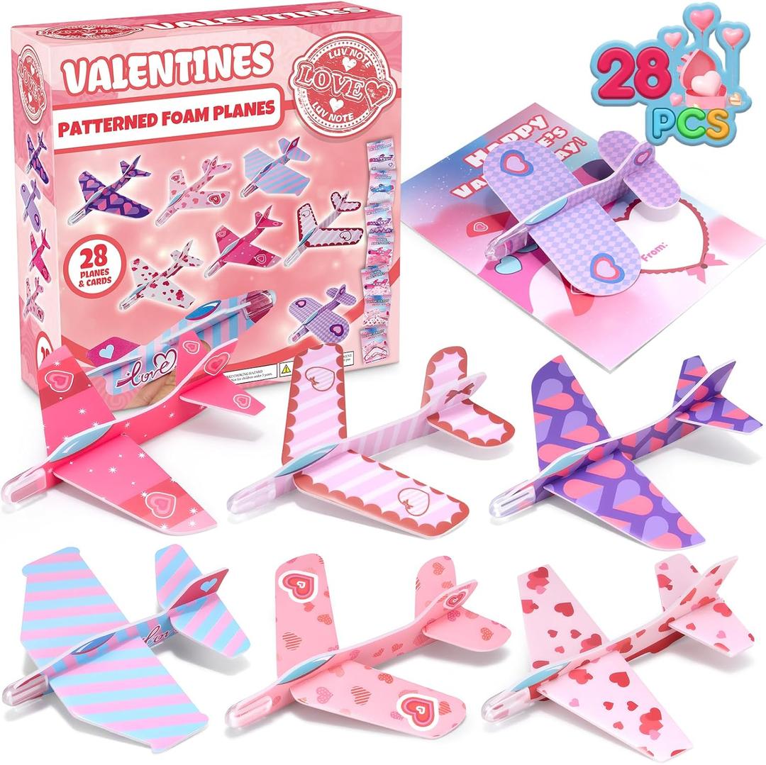 28 Pack Valentines Day Cards for Kids School with Foam Airplane, Valentines Day Gifts For Kids, Valentines Exchange Prize Gifts Cards Boys & Girl, Airplane Valentines Party Favors