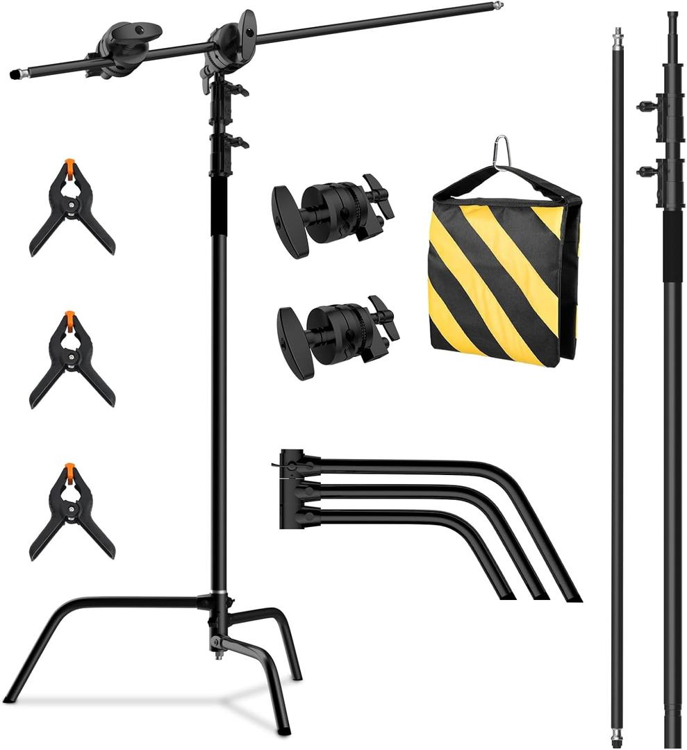 C Stand with Boom Arm, Photography Light Stand Kit - Heavy Duty C-Stand with 10.8ft/330cm Stainless Steel Pole, 4.2ft/128cm Boom Arm, Grip Heads, Sandbag for Studio Lighting, Black