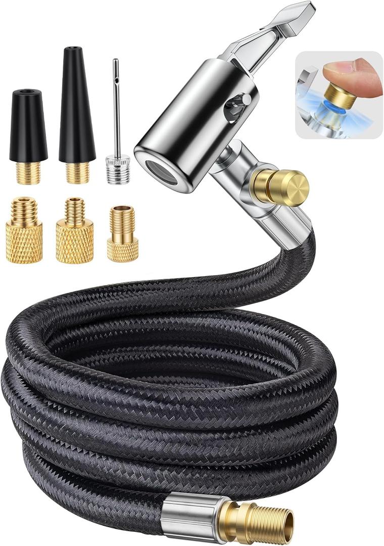 LUMITECO 33'' Air Release Extension Hose, 7-Pack Tire Inflator Replacement Hose w/Presta Valve Adaptor&Ball Pump Needle Kit, Tire Valve Air Chuck Lock for Bike Pump Portable Air Compressor Attachments