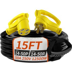 NEMA 14-50P/14-50R 15 FT 50 Amp RV/EV Extension Cord Outdoor with Grip Handle, 4 Prong Flexible Heavy Duty STW RV Power Cord Waterproof, 50A 125/250V 6250/12500W, Black-Yellow, ETL Listed