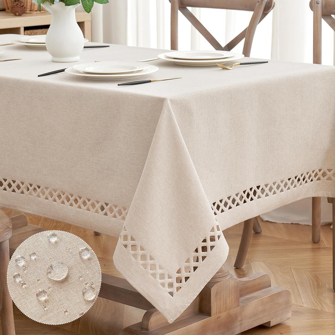 MIULEE Natural Thick Polyester Linen Rectangle Tablecloth Decorative Cutouts Waterproof Stain Resistant Table Cloth Farmhouse Table Cover for Thanksgiving Dining Party Buffet Wedding, 55 x 84 inch