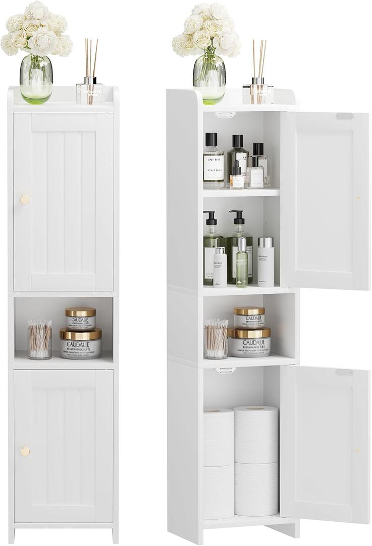 Bathroom Cabinet with 2 Doors, 7.3 x 9.8 x 40.4 Inches, Small Freestanding Storage Cabinet with Adjustable Shelf, Floor Cabinet for Small Spaces, Bathroom, Entrances, Kitchen, White