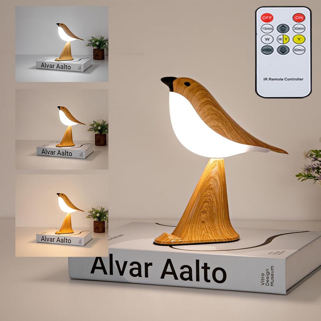 Small Bird Desk Lamp, Rechargeable Cordless Table Lamp with 3 Color Temperatures, Remote Control & Touch Sensor, Multi-Function Battery Operated Bird Night Light for Bedroom, Kids, 1 Pack
