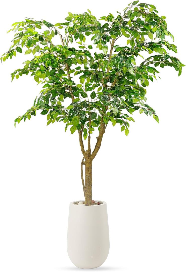 6.5FT Artificial Ficus Tree with White Planter, Moss and Pebbles | Faux Silk Tree with Lifelike Leaves and Realistic Trunk, Tall Fake Potted Plant, Home and Office Dcor, Indoor and Outdoor