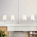 Brushed Nickel Chandelier for Kitchen Island 4-Light Linear Chandeliers for Dining Room Modern Farmhouse Classic Light Fixture with White Linen Shades Over Dining Table