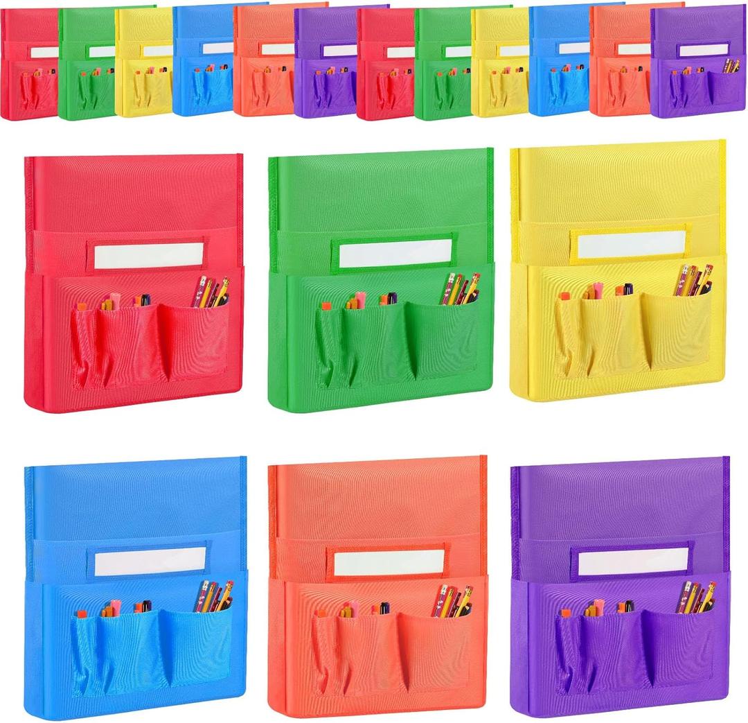 36 Pcs Classroom Chair Pockets 19 x 15.5'' Chairback Pocket with 6 Pockets and Name Tag Holder Back Seat Pockets with double thread sewing for School Seat Chair Storage Organizer(Fresh Color)