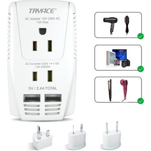 2000W Travel Voltage Converter Step Down 220v to 110v Power Converter for Hair Dryer Straightener Curling Iron, 10A Power Adapter with 2 USB Charging EU/UK/AU/US Worldwide Plug for Laptop Phone (White)