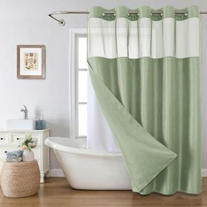 No Hook Waffle Weave Shower Curtain with Snap-in Fabric Liner Set,Sage Green Shower Curtains for Bathroom with See Through Top Window,Water Repellent & Washable,71Wx74H