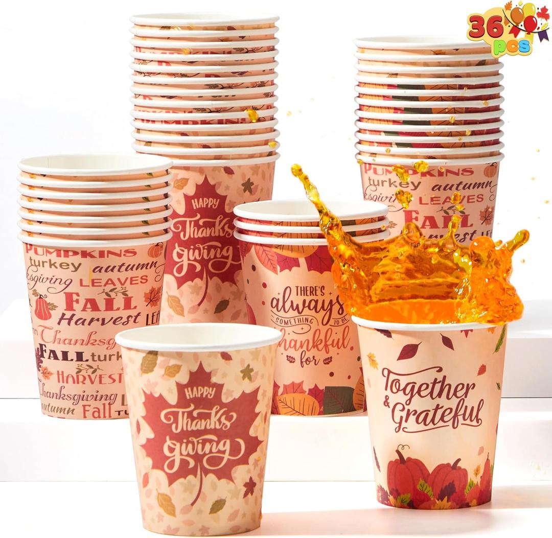 JOYIN 36 PCS Thanksgiving Disposable Cups,9 oz Pumpkin Maple Leaves Paper Cups, for Juice, Coffee, and Hot/Cold Drinks, 4 Charming Designs for Thanksgiving Party Fall Leaves Harvest Decoration