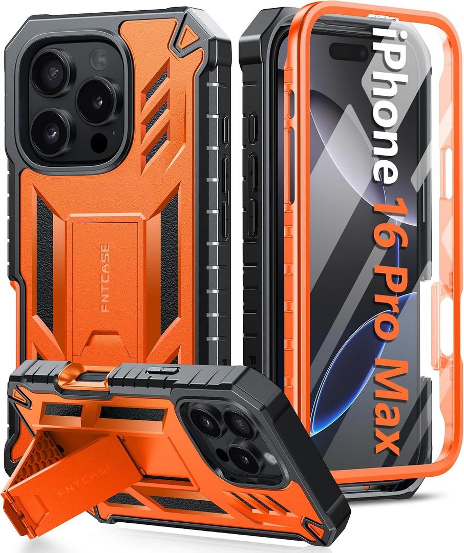 FNTCASE for iPhone 16 Pro Max Case: Military Grade [Built-in Screen Protector] [Kickstand] Matte Textured Drop Proof Protection Cover | Rugged Shockproof TPU Protective Sturdy Phone Cases - Orange