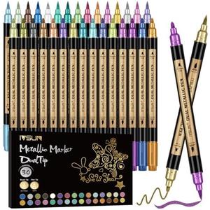 Metallic Marker Pens, 15 Colors Dual Tip Acrylic Paint Pens for Black Paper, Scrapbooking, Photo Album, Rock Painting, Paint Marker for DIY Arts & Crafts, Glass, Wood, Card Making, Scrapbook Supplies