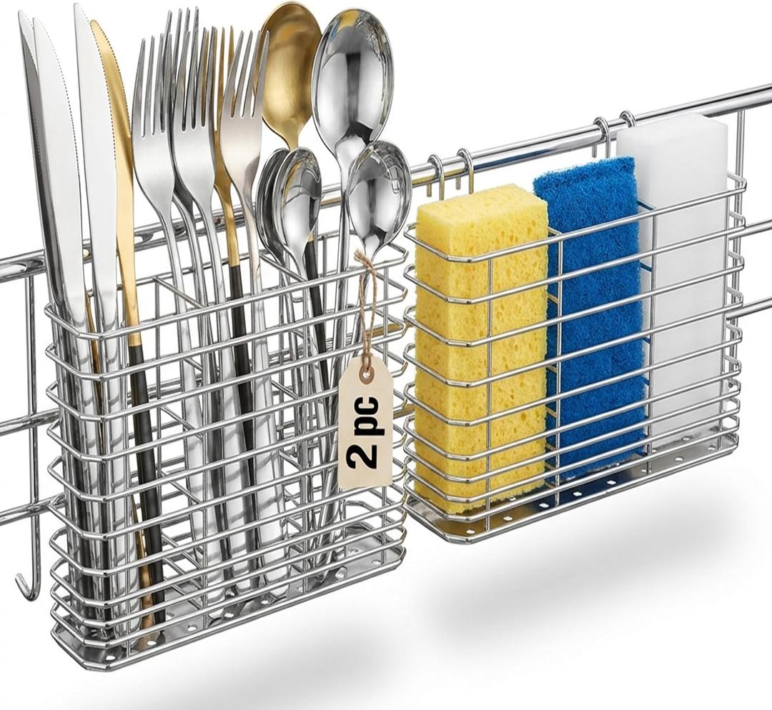 2pc 304 Stainless Steel Utensil Holder,Silverware Drying Rack with Hooks for Dish Drainer,Dish Drying Rack with 3 Divided Compartments,Knife and Fork Drainage Rack,With Hooks, Rust Proof, Color-Silver