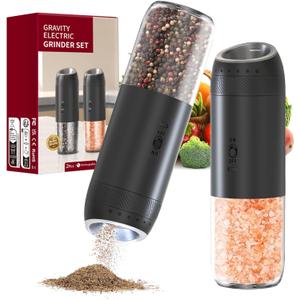 Gravity Electric Salt and Pepper Grinder Set Rechargeable, External Adjustable Coarseness, Automatic Salt and Pepper Shakers Mill with LED Light, 6oz/176ml Large Capacity, House Warming Gifts (2 Pack)