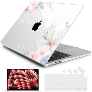 Batianda Premium Case for New MacBook Air 15 inch 2025 M4 2024 2023 with M3 M2 Chip Model A3114 A2941, Designed Protective Plastic Hard shell & Keyboard Cover & Screen Protector, Watercolor Floral
