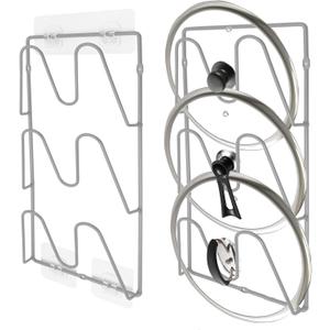 2 Pack Pot Lid Organizer Rack, 6-Tier Rustproof Pot Lids Holder for Cabinet Door/Wall, No Drilling Adhesive Mounted, Pot Top and Pan Cover Storage inside Kitchen Cabinet (Silver)