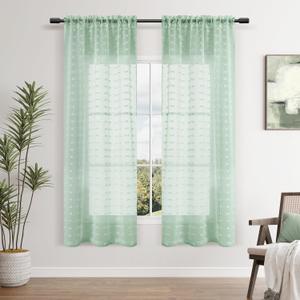 Guken Aqua Green Small Windows for Kitchen Bathroom, Boho Pom Pom Design Bedroom Room 2 Panels Back Tab Rod Pocket Light Filtering Curtains, 38 x 54 inch 2 Panels