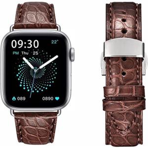 Moran Alligator Leather Bands Compatible with Apple Watch Band 49mm 45mm 44mm 42mm 41mm 40mm 38mm Butterfly Clasp Replacement Genuine Crocodile Skin Strap for iWatch Ultra Series 8 7 6 5 4 3 2 1 SE (Crocodile Brown Silver Buckle)
