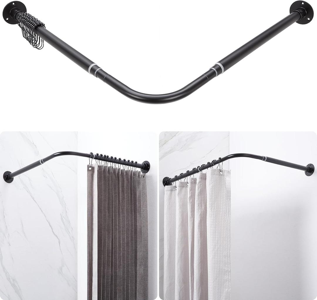 L Shaped Corner Shower Curtain Rod, Adjustable [24.3" - 47.6"] x [24.3" - 47.6"] 90 Degree Square Shower Curtain Rod with 12 Hooks & Ceiling Support for Bathroom Bathtub - Matte Black