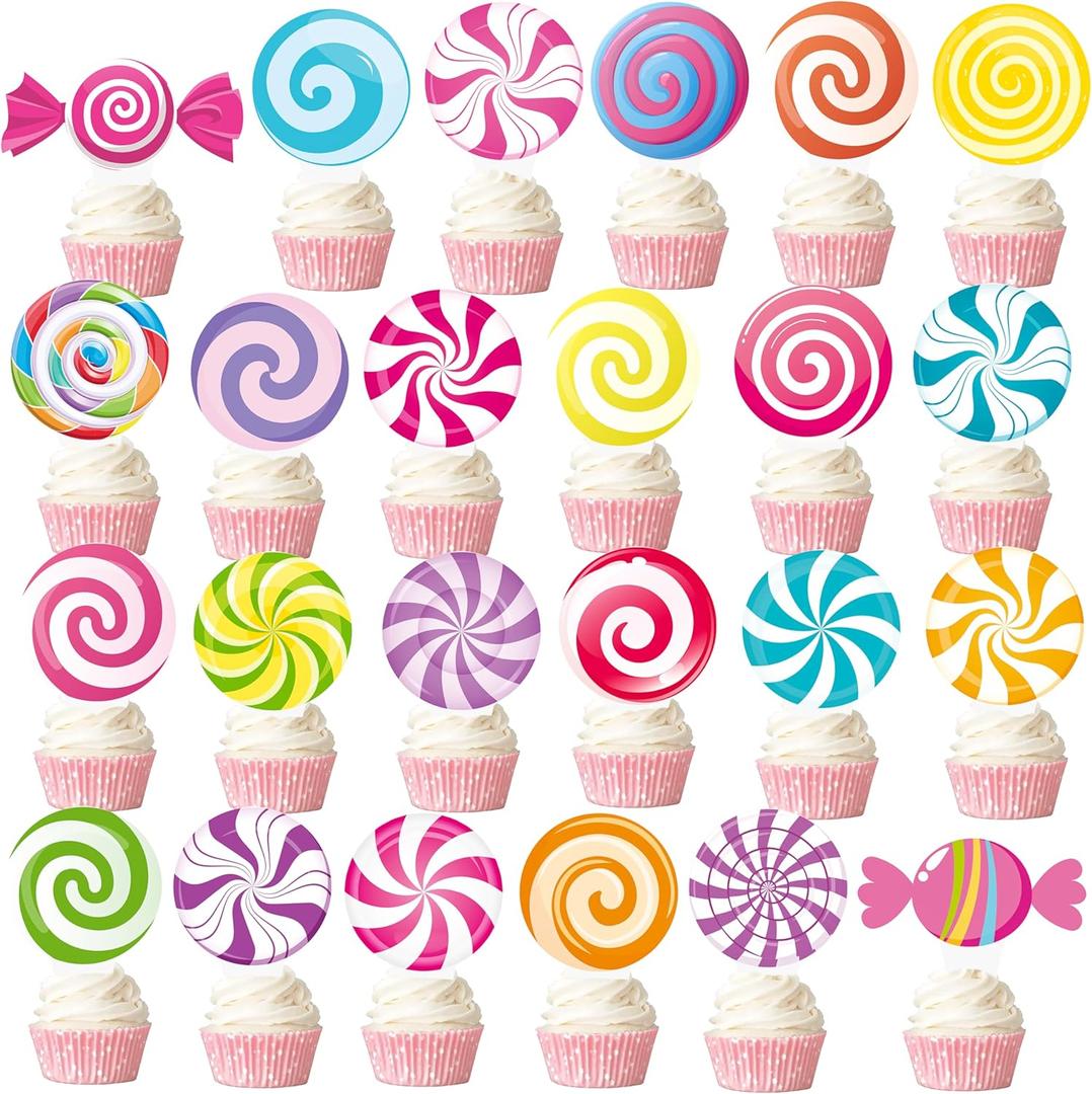 48pcs Round Lollipop Cupcake Toppers Candyland Birthday Party Decorations Colorful Candyland Cupcake Toppers decorations for Lollipop Theme Party Sweet Candy Party Baby Shower Supplies