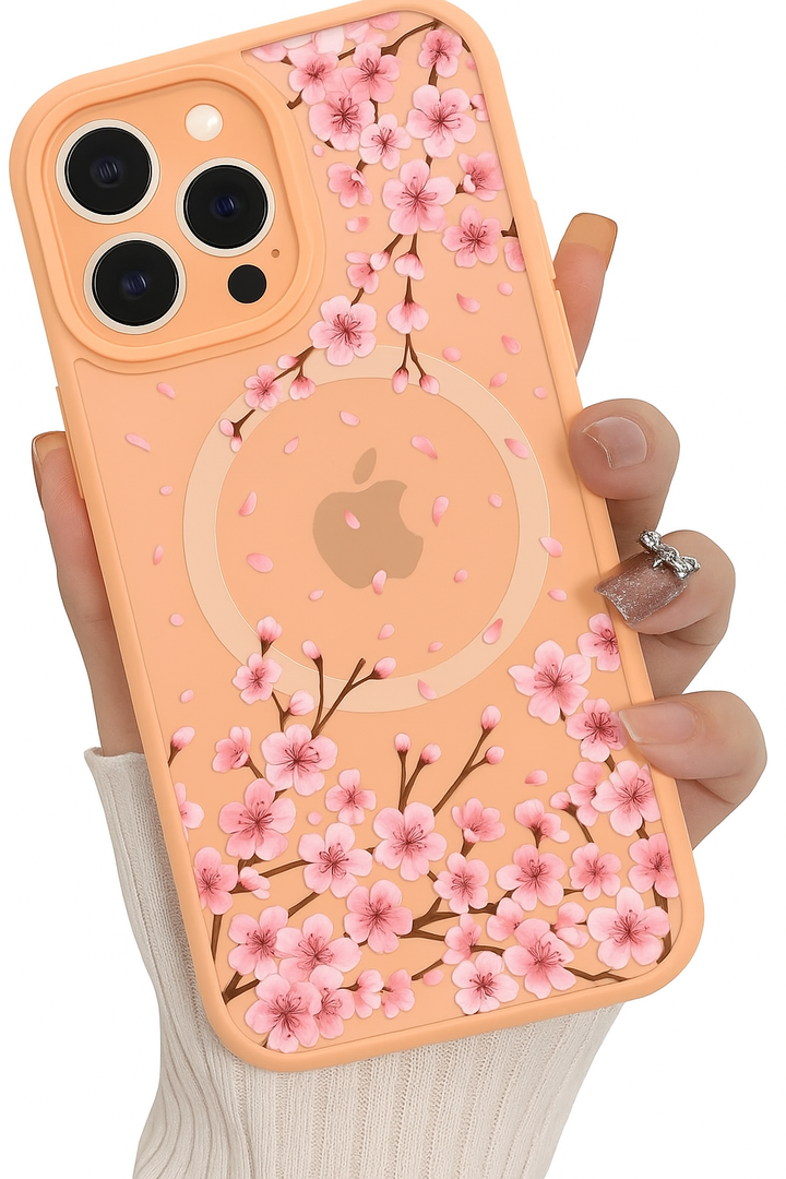 MOWIME Magnetic for iPhone 13 Pro Max case [Compatible with MagSafe] Cute Fashion Floral Translucent Matte Hard Peach Shockproof Anti-Scratch Phone Case-Pink Flower