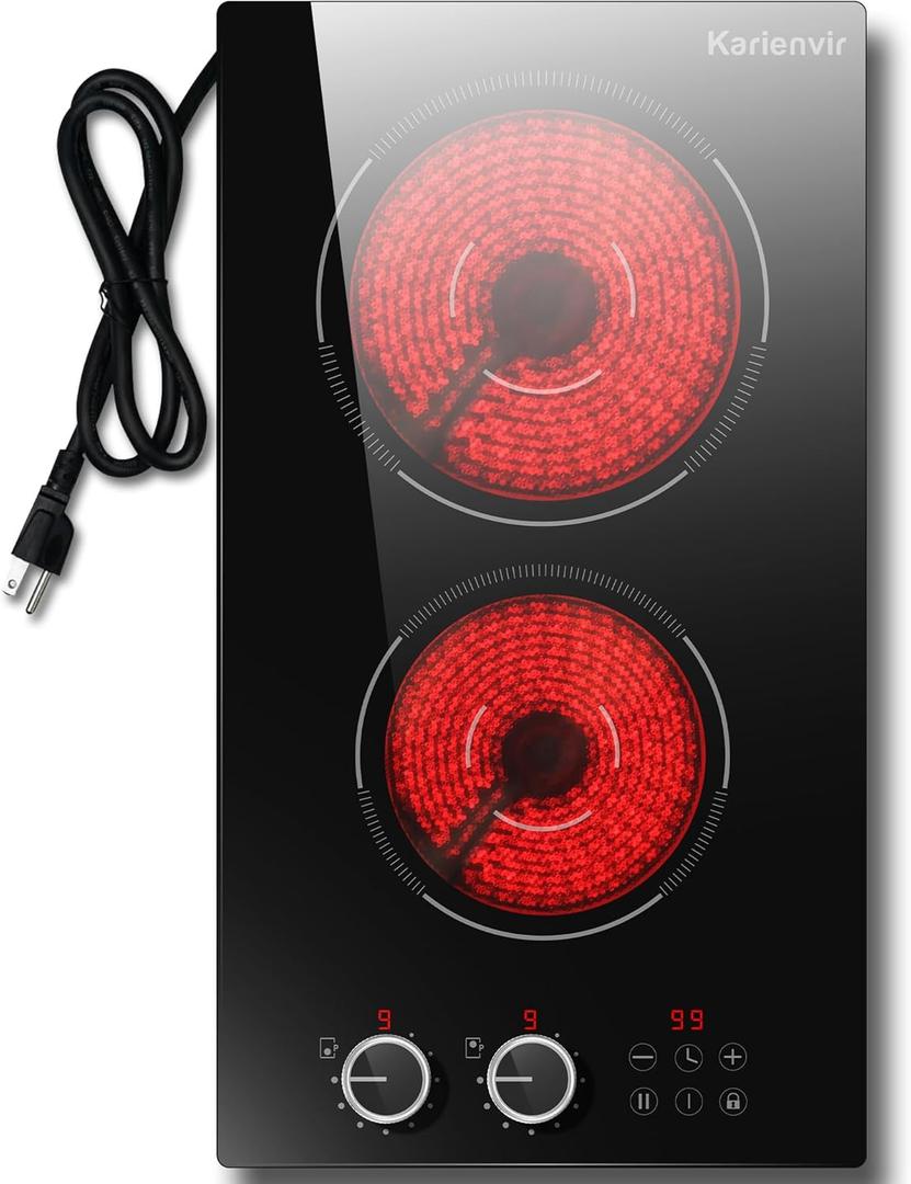 Electric Stove 2 burners, Plug in Electrical Cooktop 110v, Pause Function, Knob Control, 12 Inch Electric Stovetop Countertop & Built-In, 9 Power Levels, 2000w, Safety Lock, Timer, Karienvir