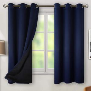BGment Thermal Insulated 100% Blackout Curtains for Bedroom with Black Liner, Double Layer Full Room Darkening Noise Reducing Grommet Curtain (38 x 63 Inch, Navy Blue, 2 Panels)