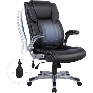 COLAMY High Back Executive Office Chair - Padded Leather Ergonomic Computer Desk Chair with Inflatable Lumbar Support & Flip-Up Arms, Adjustable Tilt Lock Swivel Task Chair for Home Office, Black (Set Of 1)