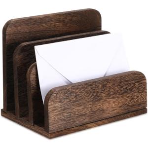 Wooden Mail Holder 3 Slots Mail Organizer for Desk Wood File Paper Letter Sorter for Letter Envelope Filing Cell Phone Document Storage, Organizer Tray for Office and Home (Dark Brown)