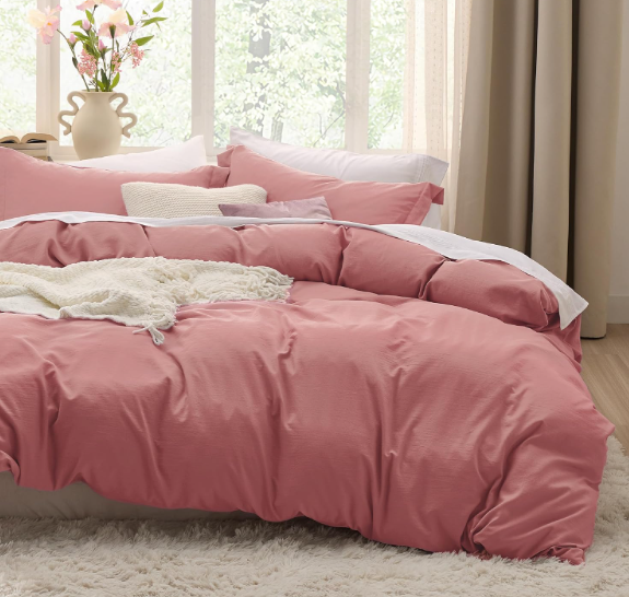 Bedsure Pink Clay Duvet Cover Queen Size - 3 Pieces Prewashed Cotton-Like Extra Soft Bedding Set, Includes 1 Duvet Cover 90x90 Inches with Zipper Closure & 2 Pillow Shams, Comforter Not Included