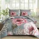 Luxudecor Floral Comforter Set King Size 7 Pieces Bed in a Bag,Pink Flower Print on Gray Bedding Set,Soft Microfiber Bedding Set for All Season (Gray,104"x90")