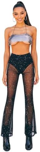 Women Rave Mesh Sheer Pants Flared Bell Bottom Pants for Dance Festival Clubwear, M