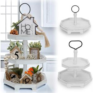 3 Tiered Tray Stand White Tier Serving Tray, Three Decorative Trays, Wooden Cupcake Stand 3 Tiered Farmhouse Tray for Home Decor(L 13.8 W 12.5 H 21.8)