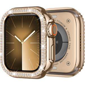 Metal Case Compatible with Apple Watch Series 9 8 7 45mm for Women, Bling Diamond Frame Bumper with Back Cover Protective Cover for iWatch 45mm, Rose Gold