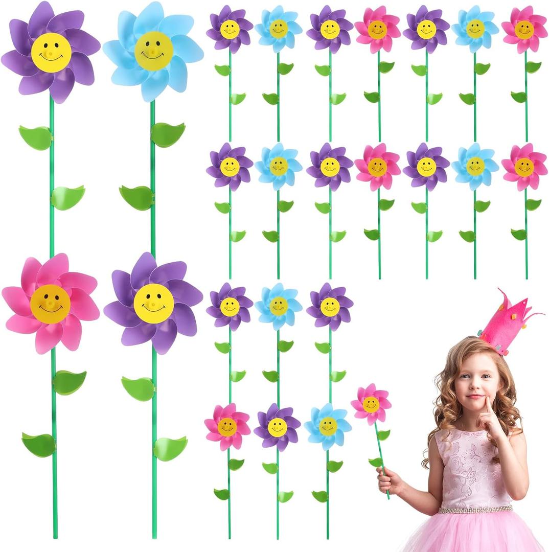 Deekin 99 Pcs Pinwheels for Kids Smiling Flower Pinwheels Bulk Bright Assorted Colors Windmills Spring Wind Spinners Centerpieces for School Home Work Spring Summer Garden Yard Decor