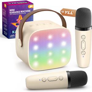 Mini Karaoke Machine with 2 Wireless Microphones for Kids Adults, Portable Bluetooth Speaker Gift for Girls Boys Toys 3, 4, 5, 6, 7, 8, 10, 12+ Years Old Teens Birthday Home Family Party (Cream)