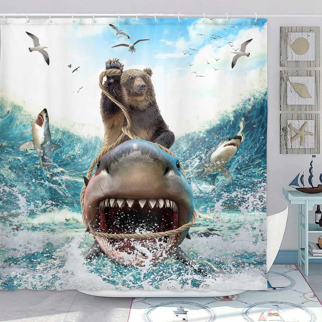 Funny Bear Shower Curtain, Cool Bear Riding Shark on Blue Ocean Shower Curtain, Farmhouse Navy Blue Beach Shower Curtain Set Kids with 12PCS Hooks, 70X70IN Waterproof Polyester Fabric