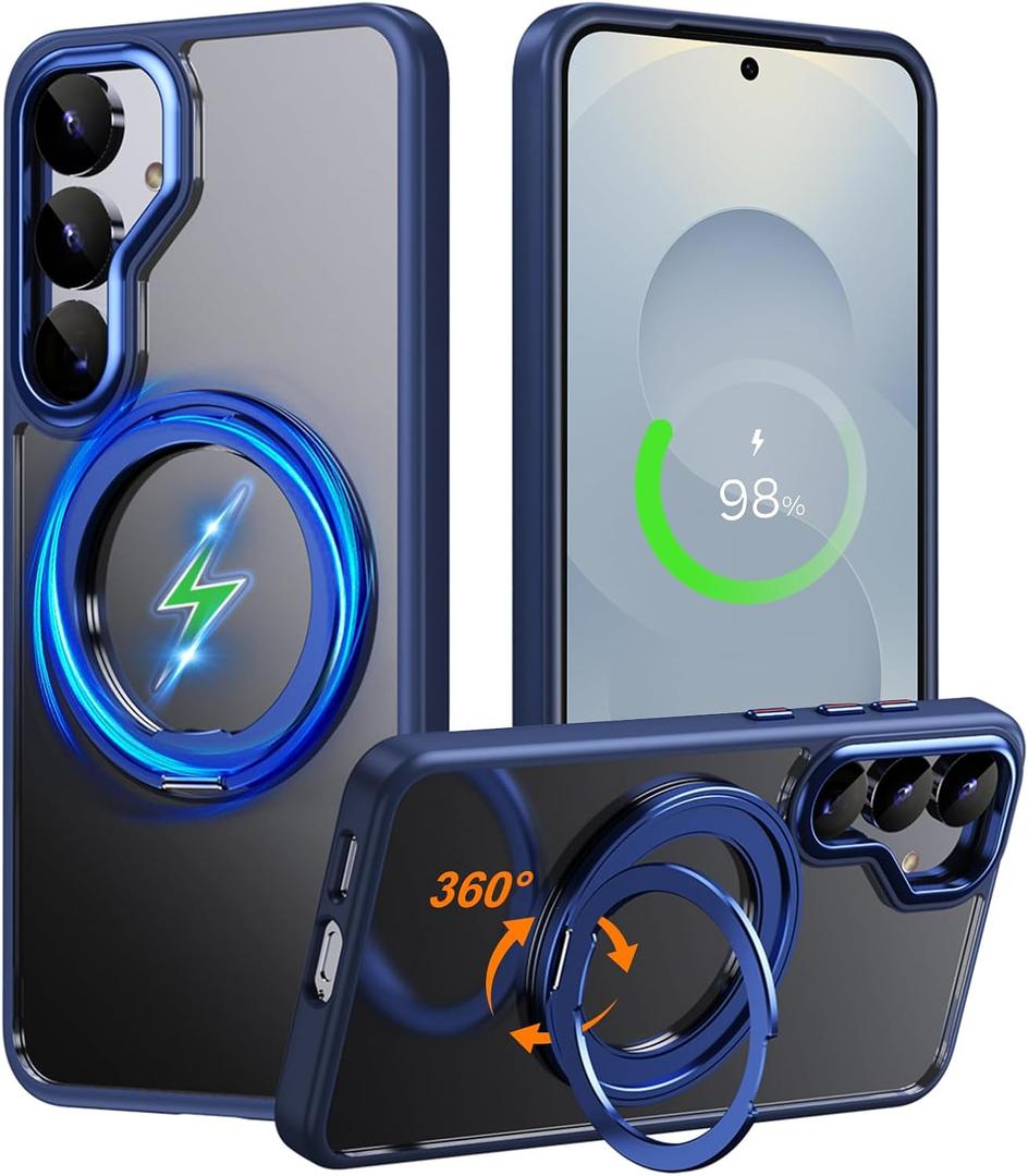 Compatible with Samsung Galaxy S25 Case 360 Invisible Ring Stand Magnetic Case [Compatible with Magsafe][Military Drop Protection] Anti-Fingerprint Shockproof Translucent Design for S25Navy Blue