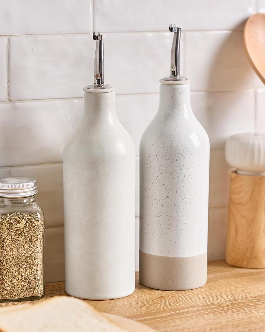 famiware Milkyway 16oz Ceramic Olive Oil Dispenser Bottle, Olive Oil and Vinegar Dispenser Bottle Set of 2 with Stainless Steel Pourers, for Storage Vinegar, Soy Sauce, Matte Beige White & White