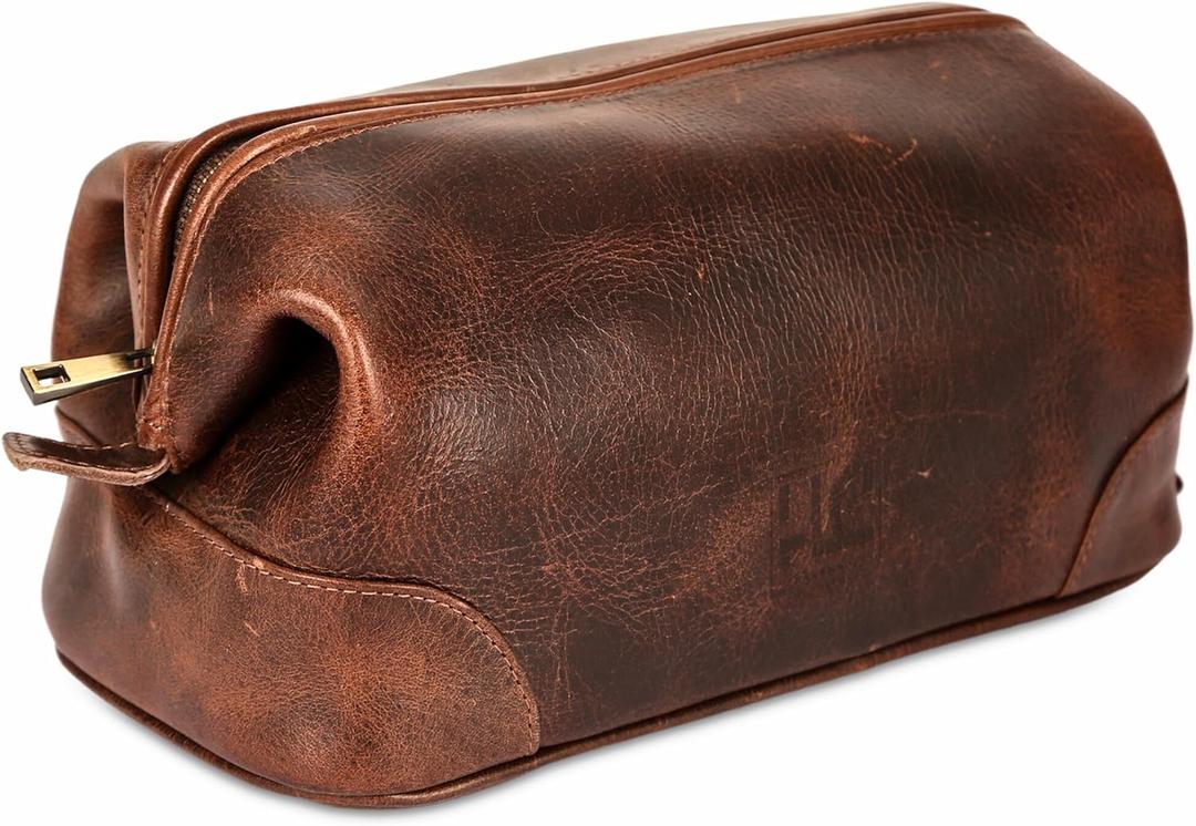 HLC Leather Toiletry Bag for Men Best Gift Premium Genuine Dopp Kit Shaving Kit Organizer Travel Kit Pouch Bag 10 inch Size (Brown)
