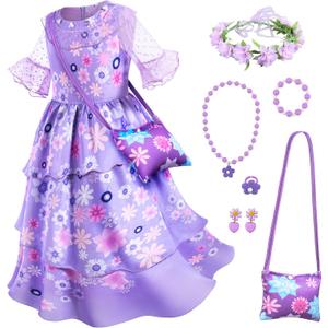 Purple Princess Costume Dress for Girls Birthday Halloween Party Dress Up with Bag Headband Necklace Earrings Ring (3-4T)