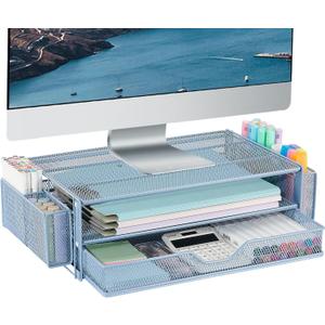 AUPSEN Computer Monitor Stands Riser2-Tier Desk Organizers and Accessories, Office Desk Accessories Organizer with Drawers and 2 Pen Holder for Office Supplies (Blue)