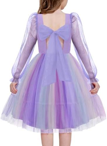 Arshiner Girls Tie Back Dress Puff Long Sleeve Formal Square Neck Party Tulle Dresses Size 130