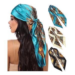 AWAYTR 35” Large Square Satin Head Scarf - 2Pcs Hair/ Neck Scarves Bandana Beach Silk Feeling Headscarf for Women Hair Wrap Paisley/Black/Beige)