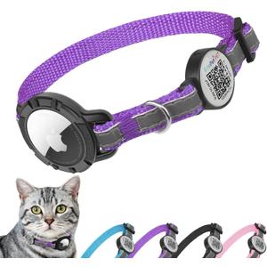Airtag Cat Collar Breakaway with QR Code Name Tag, Reflective cat Collar airtag Holder with Bell, Cat ID Tag Personalized, Ultra-Durable, Adjustable, Quick Release, Fits Small Large Cats,Purple