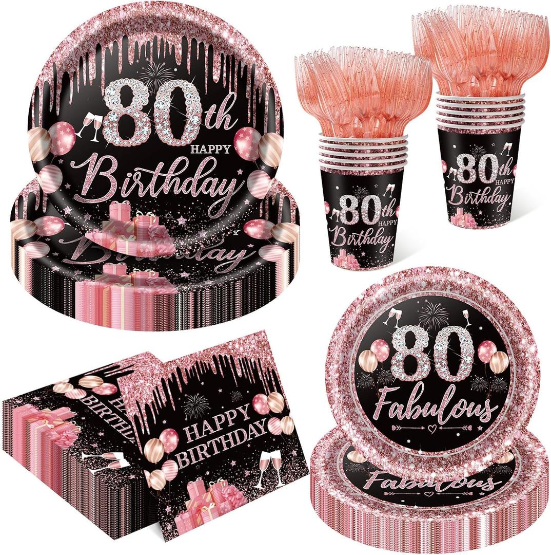 250PCS 80th Birthday Party Decorations for 50 Guests Black and Rose Gold Party Supplies for Women Include Disposable Paper Plates, Napkins, Cups, and Disposable Plastic Cutlery (80)