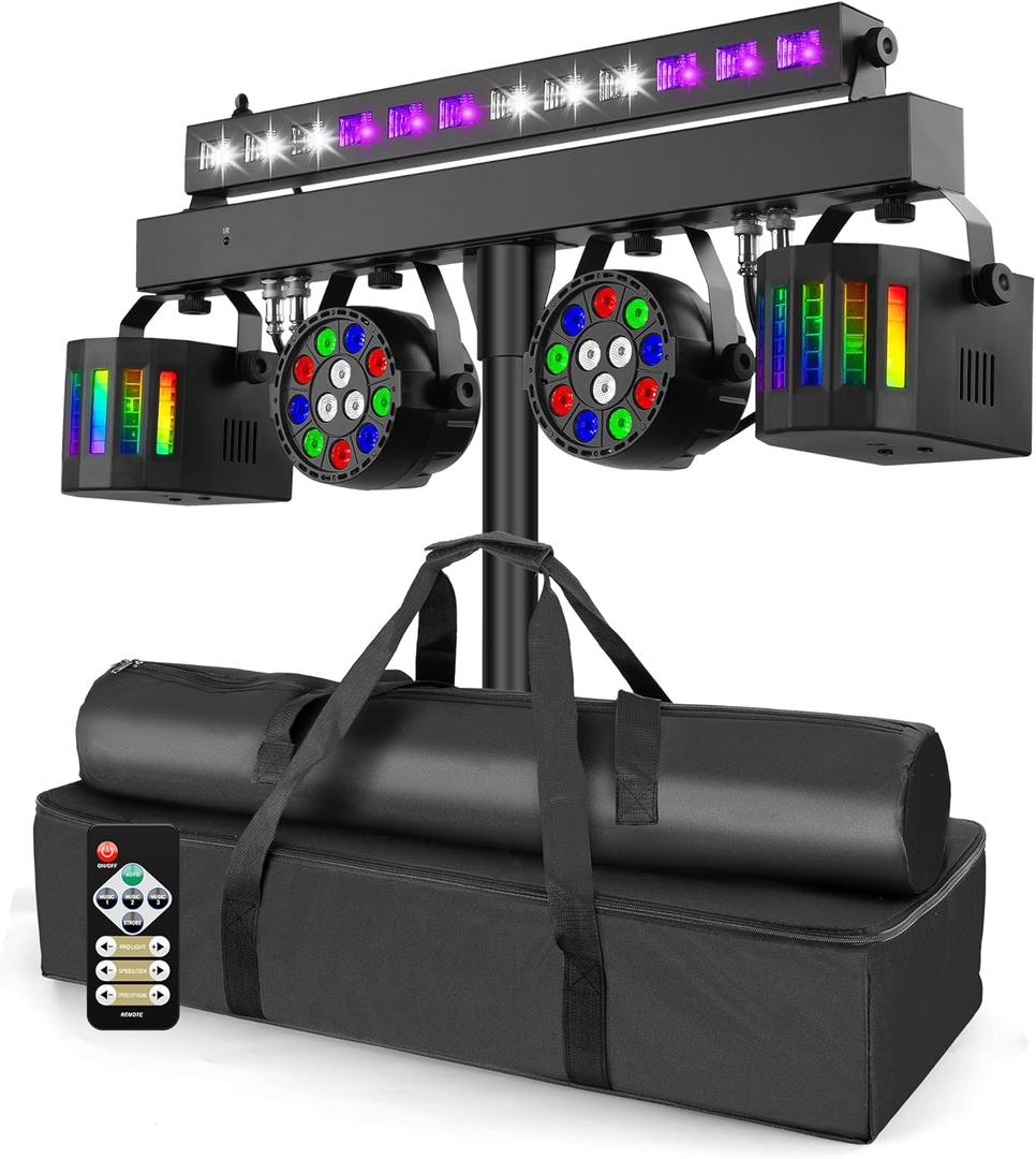 Telbum DJ Lights Stand for Parties - Professional 5in1 LED DJ Lighting System with Stand, DMX512, Sound Activated Stage Lights Package for Wedding Live Band Disco Club Gig Bar Booth Show Events