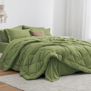 Love's cabin Full Comforter Set Olive Green, 7 Pieces Full Bed in a Bag, All Season Bedding Sets with 1 Comforter, 1 Flat Sheet, 1 Fitted Sheet, 2 Pillowcase and 2 Pillow Sham