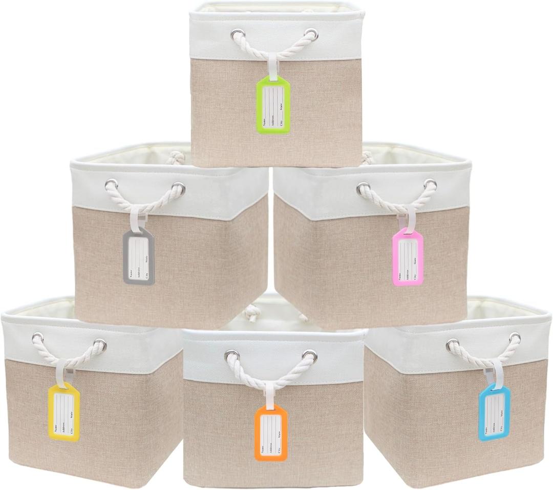 6 Pack Cube Storage Bins, 11 x 11 Inch Stitching Color Collapsible Fabric Storage Basket with Ropes, Foldable Storage Cubes for Home, Office,Closet, Clothes (White & Beige)