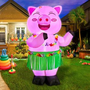 OurWarm 5FT Hawaiian Tropic Luau Party Decorations Inflatable Pig with Built-in LED Lights & Blower, Summer Blow Up Pig Dancing in Hula Skirt, Tropical Inflatable for Yard Garden Beach Outdoor Decor